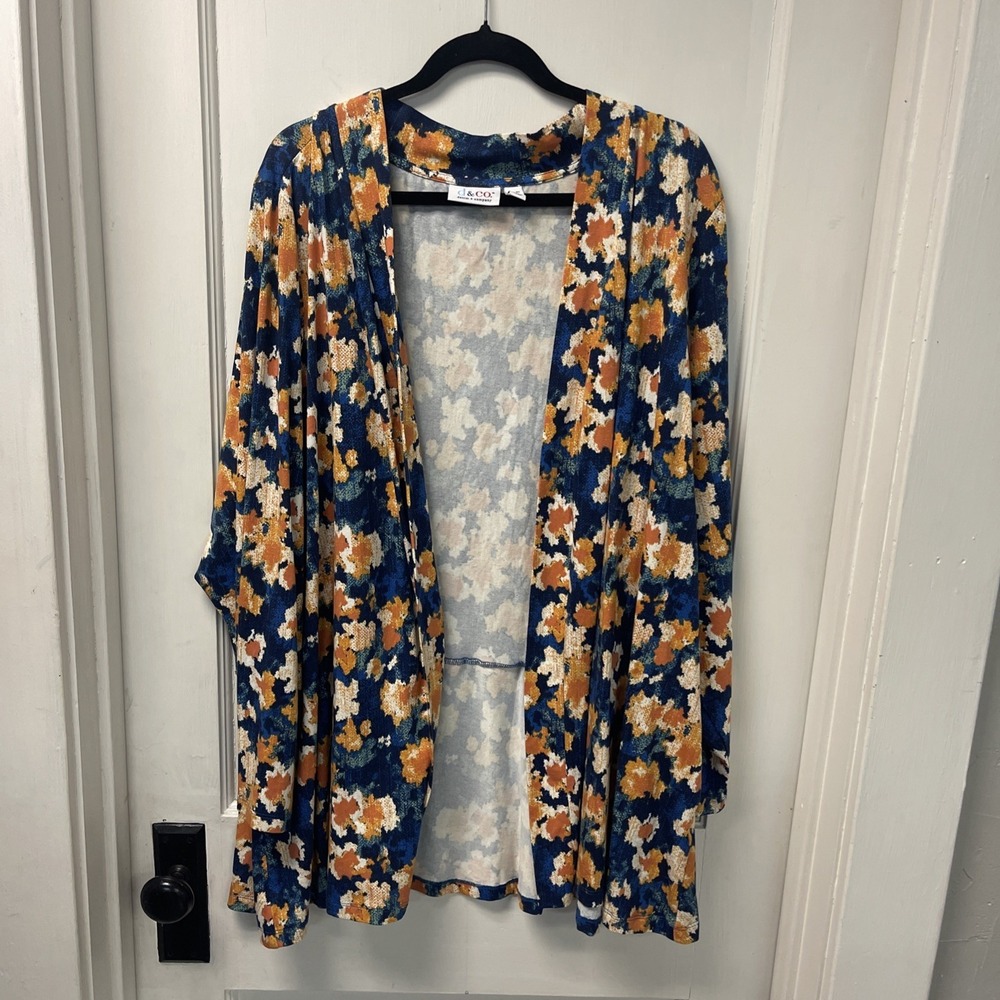 Denim & Company Open Cardigan 4X Yellow, And Blue Colorful